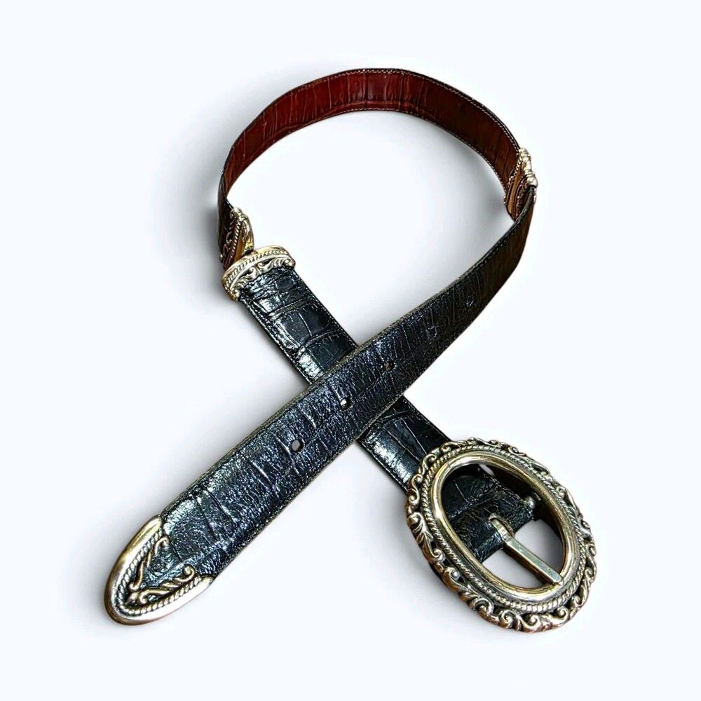 Vintage Brighton Reversible Black Brown Croc Leather Belt Silver Western Size S